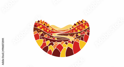 Stylized autumnal landscape with winding river and rolling hills