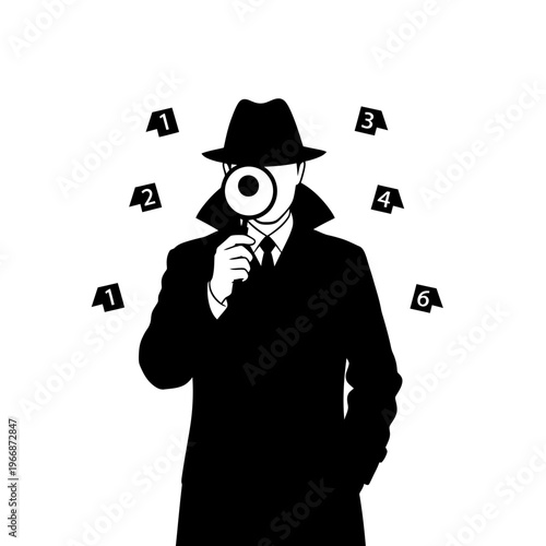 Silhouette of a Detective Investigating with Magnifying Glass.