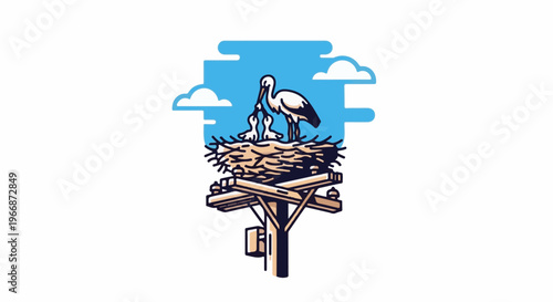 Stork family nesting on a utility pole under a blue sky