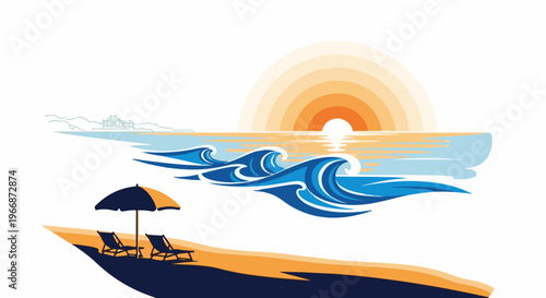Stylized beach scene with sun, waves, and lounge chairs under an umbrella