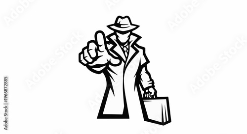 Anonymous man in trench coat and fedora points finger, holds briefcase