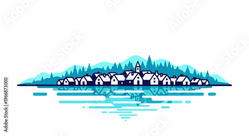 Stylized minimalist village by water with mountainous forest backdrop