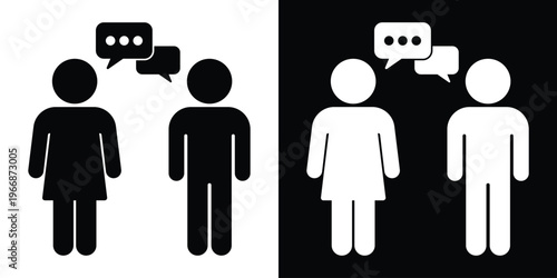 Minimalist silhouette of a man and woman engaged in a face-to-face conversation with speech bubbles. Symbolizes dialogue, social interaction, and verbal communication. Clean graphic design.