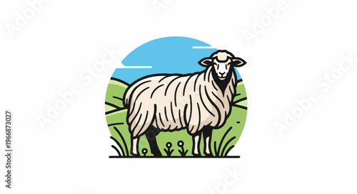Stylized sheep with wool stands in a green grassy field under a blue sky