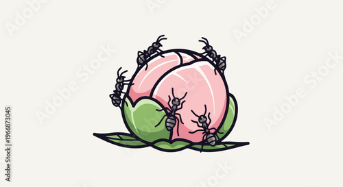 Ants swarm a delicate pink flower bud with green leaves