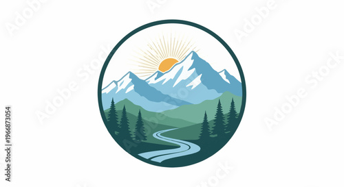 Sunlit mountain peaks over forest and winding river in an oval