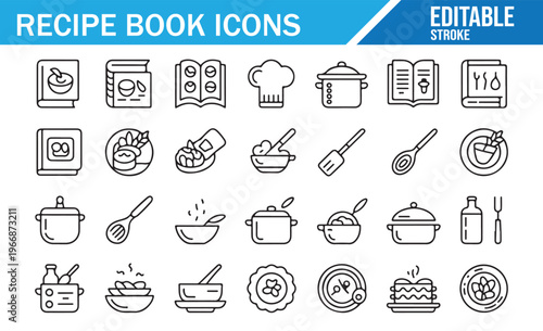 Cooking tools and recipe icons pack with minimal line design for food related projects