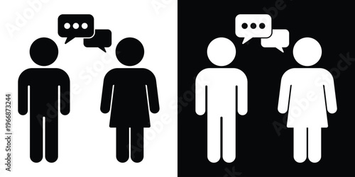 Minimalist silhouette of a man and woman engaged in a face-to-face conversation with speech bubbles. Symbolizes dialogue, social interaction, and verbal communication. Clean graphic design.
