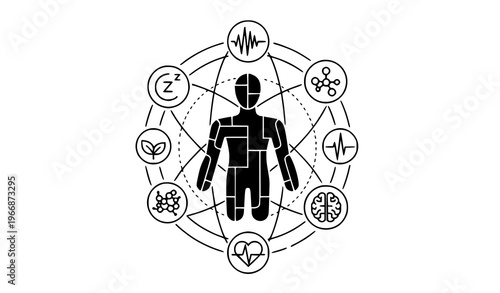 A vector graphic illustration of a human silhouette surrounded by various health and wellness icons in a circular pattern representing overall well being and fitness