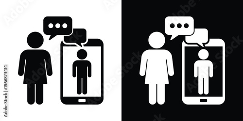 Vector illustration of a women talking to a man shown on a smartphone screen. Highlights remote communication, video conferencing, and long-distance relationships. Modern flat icon design.