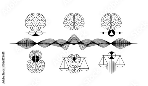 A black and white vector graphic illustration of various brain and balance icons with wave patterns on a white background