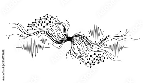 A vector graphic illustration of a complex network with flowing lines and nodes on a white background representing data connection and neural communication