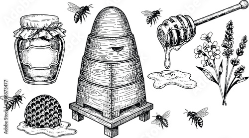 Beekeeping Vintage Vector Set with Tiered Beehive Honey Jar and Lavender