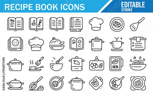 Kitchen icons collection with cookware utensils and recipe book elements for culinary design