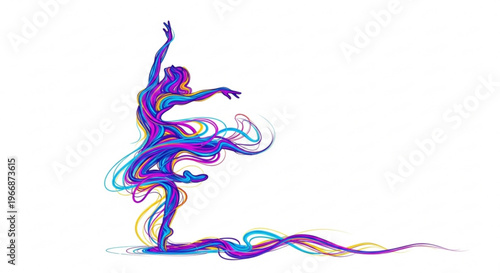 Woman dancing with colorful swirling ribbons dynamic movement and expression vibrant hues abstract illustration emotive and energetic artistic and creative dance and performance