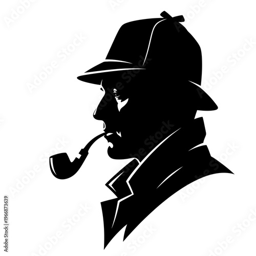 Silhouette of a Detective Smoking a Pipe Wearing a Hat.