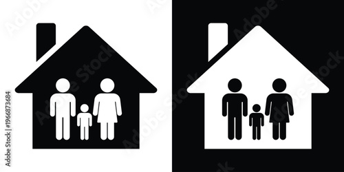 Silhouette of a family consisting of a father, mother, and child inside a simple house icon. Represents home life, real estate, family protection, and domestic safety. Minimalist vector.