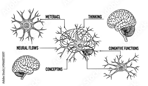 A detailed vector graphic illustration of the human brain and neurons showing cognitive functions and neural connections