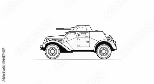 A vintage armored car with a turreted gun and spare tire