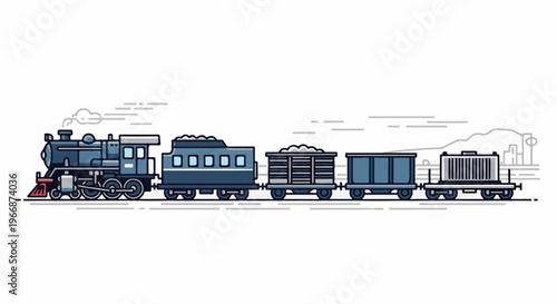 A vintage blue steam train with multiple carriages traverses a simple landscape
