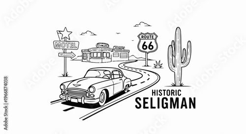 A vintage car drives down a desert road past a motel, diner, and cactus