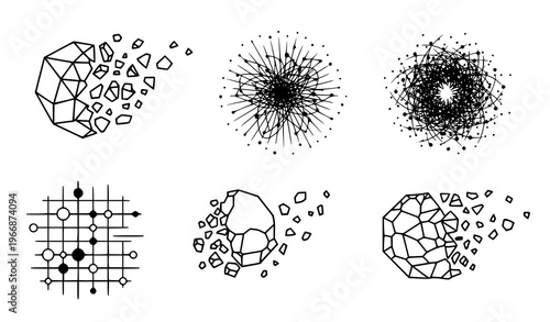 A set of six black and white vector graphic illustrations depicting geometric shapes and abstract explosive designs on a white background