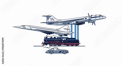 A vintage car, steam train, and two aircraft represent modes of transportation