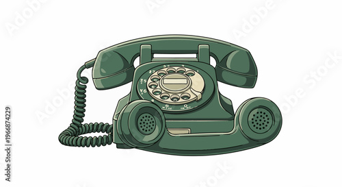 A vintage rotary dial telephone in a muted green hue, with a coiled cord