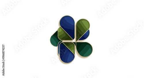 Abstract art with overlapping teardrop shapes in blues and greens