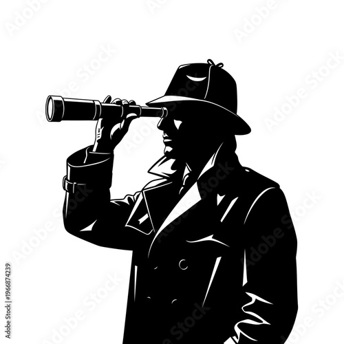 Silhouette of a Detective with a Spyglass in Black and White.