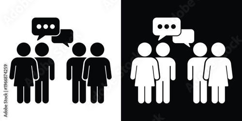 Flat icon of two groups of people represented by silhouettes with shared speech bubbles. Ideal for themes of teamwork, community debate, group chat, and collaborative communication.