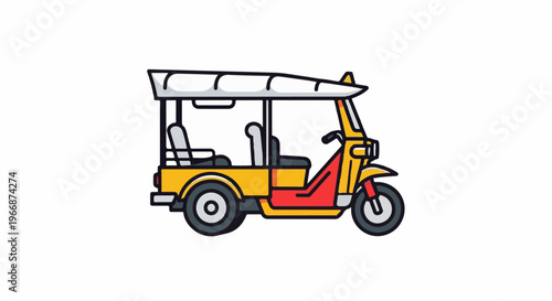 Yellow and red three-wheeled vehicle with a covered roof and passenger seats