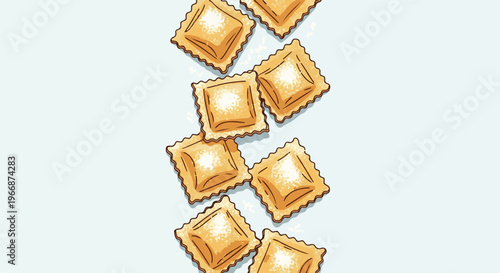A vertical cascade of golden-brown ravioli squares with wavy edges