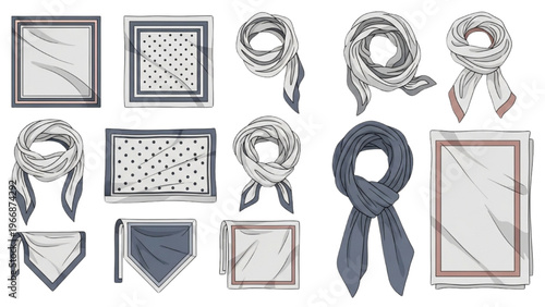 Various scarves and bandanas in vector CAD design style on display