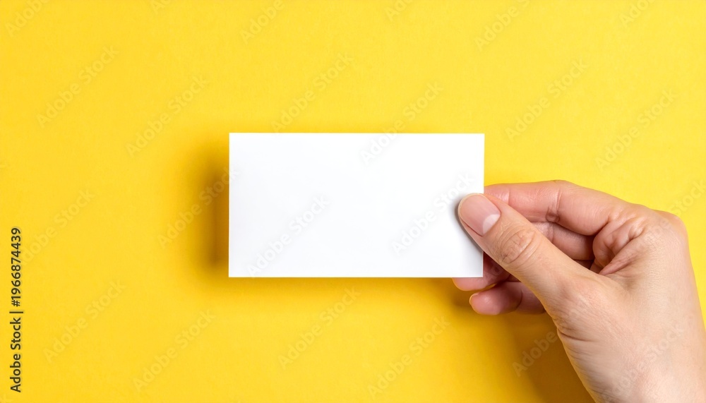 Obraz premium Hand holding a blank white card on a vibrant yellow background.