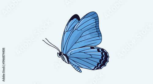 A vibrant blue butterfly with detailed wing patterns takes flight against a light blue sky