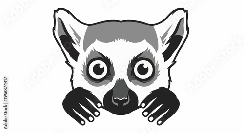 A black and white illustration of a lemur's face peeking out from behind its paws