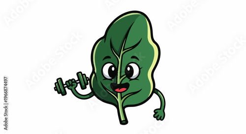 A cartoon leaf character with a happy face lifts a dumbbell