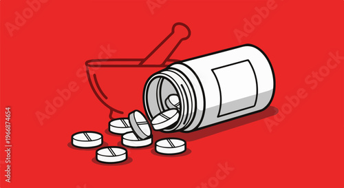 A white prescription bottle tipped over with pills spilled on a red background
