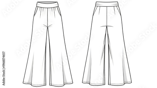 Vector CAD design style illustration of flared pants from front and back