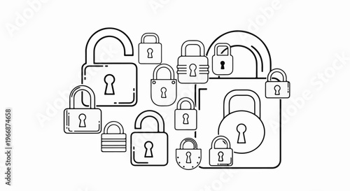 A collection of various padlocks, some open and some closed, in black outline