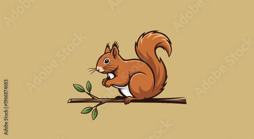 Cartoon red squirrel perched on a twig with green leaves