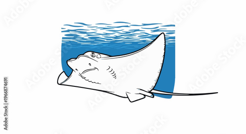 A white stingray swims through blue ocean water with wavy surface