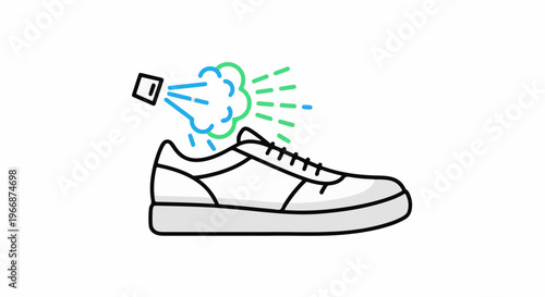 A white sneaker is sprayed with blue and green mist from a black nozzle