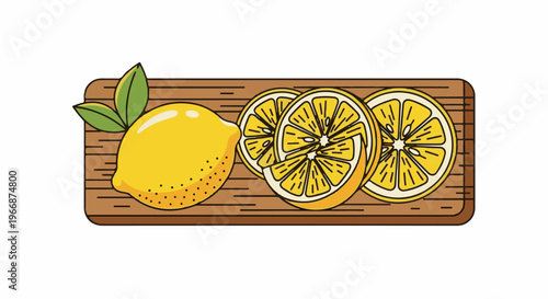 A whole lemon with leaves and three slices on a wooden cutting board