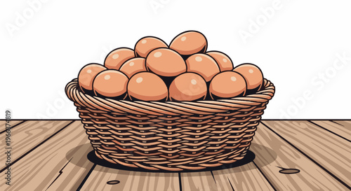 A wicker basket overflows with brown eggs resting on a wooden table