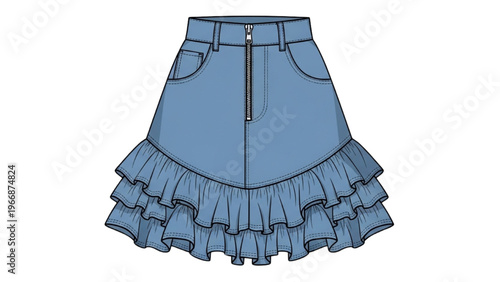 Vector CAD design style illustration of a blue denim skirt