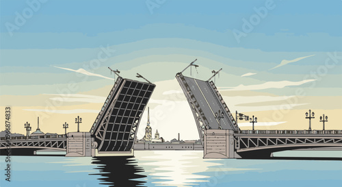 A wide drawbridge is open over a calm body of water
