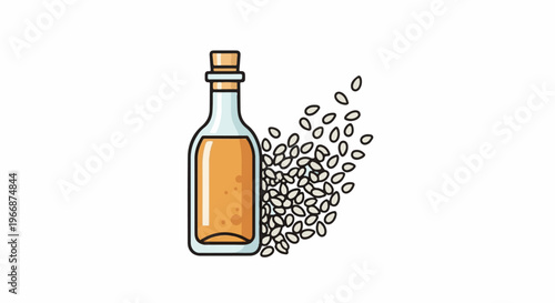A glass bottle of amber liquid and scattered seeds