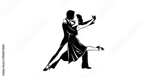 Couple dancing tango in elegant black silhouette against white background expressing passion and romance